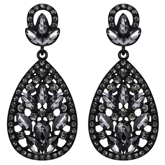 Carbon Black with Charcoal Gray Austrian Crystal Teardrop Chandelier Earrings - Picture 1 of 7